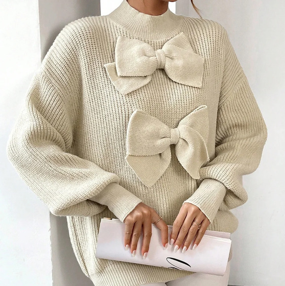 Mock Neck Bow Front Drop Shoulder Sweater - Picture 1 of 5